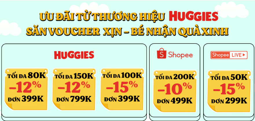 Voucher 200K & Freeship 500K – Tã Bỉm Huggies
